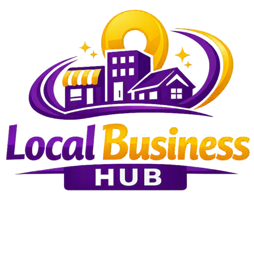 Local Business Hub logo featuring purple, gold, and white colours with stylised buildings and a map pin.